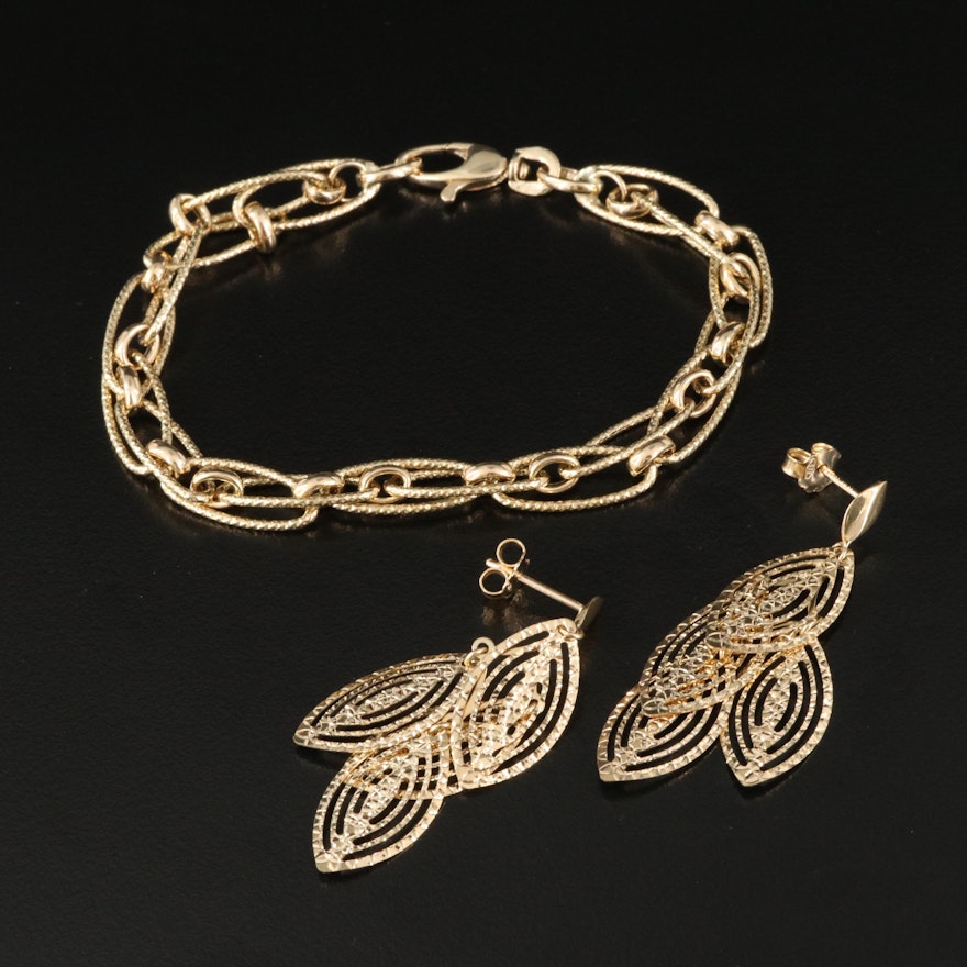 14K Italian Textured Oval Double Cable Chain Bracelet with Navette Drop Earrings