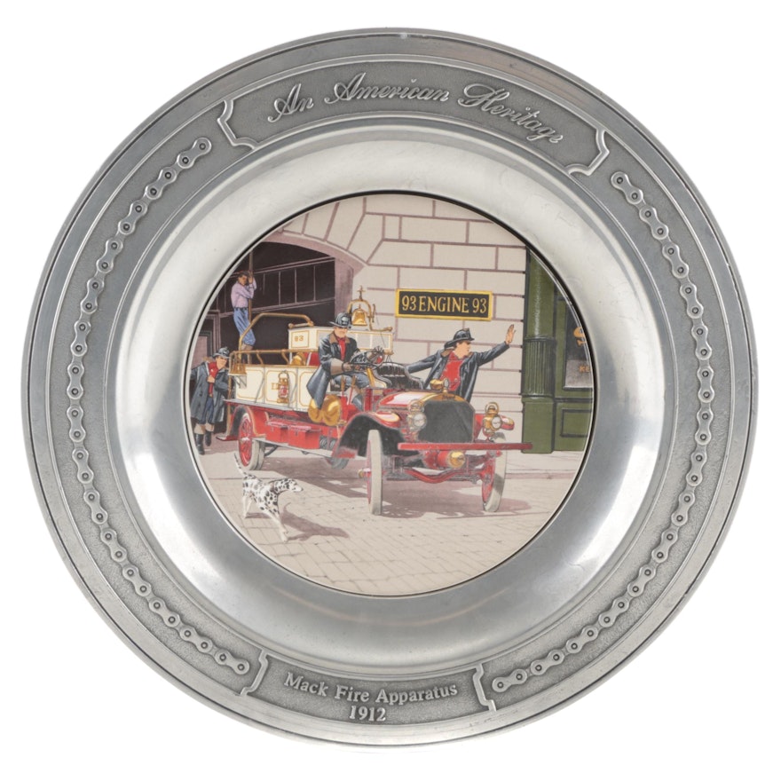 "Mack Fire Apparatus 1912" Pewter and Porcelain Commemorative Plate