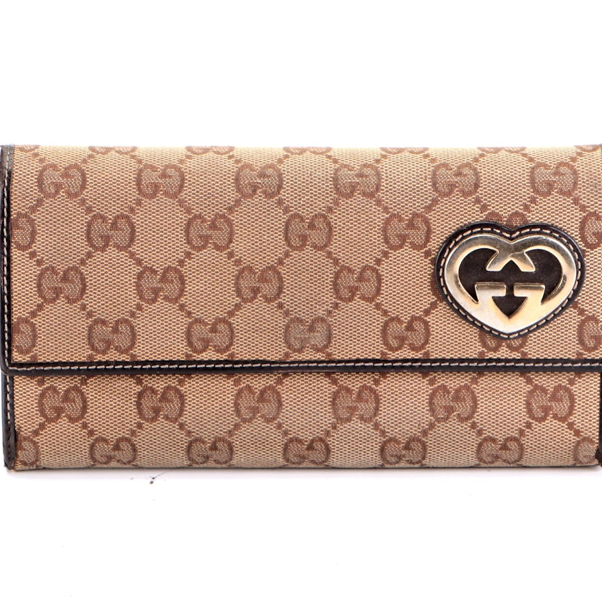Gucci Lovely Heart Continental Wallet in GG Canvas and Brown Leather