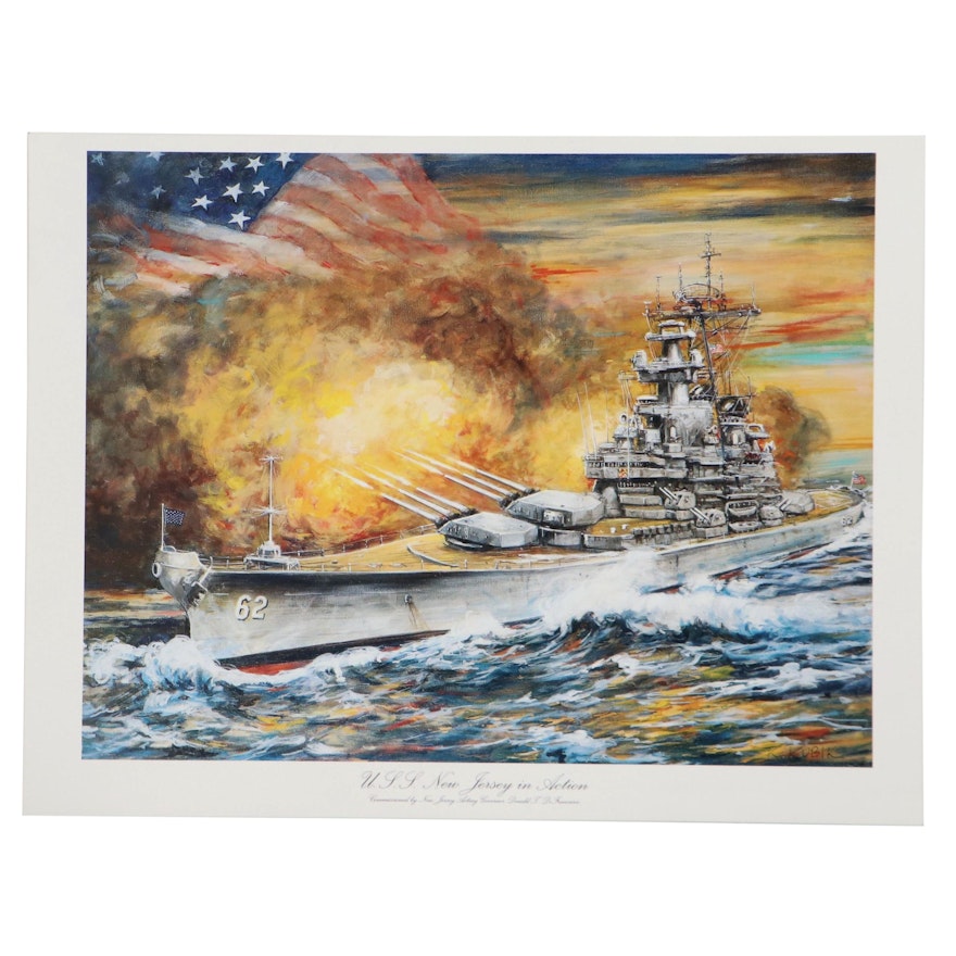 Offset Lithograph After Kamil Kubik "U.S.S. New Jersey in Action"