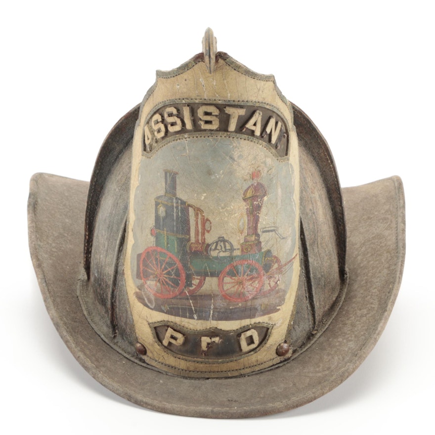 "Assistant PFD" Leather Firefighting Helmet with Hand-Painted Shield, c. 1880s