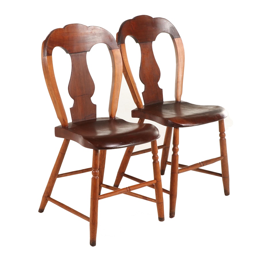 Pair of American Primitive Cherrywood, Poplar, and Oak Side Chairs, 19th Century
