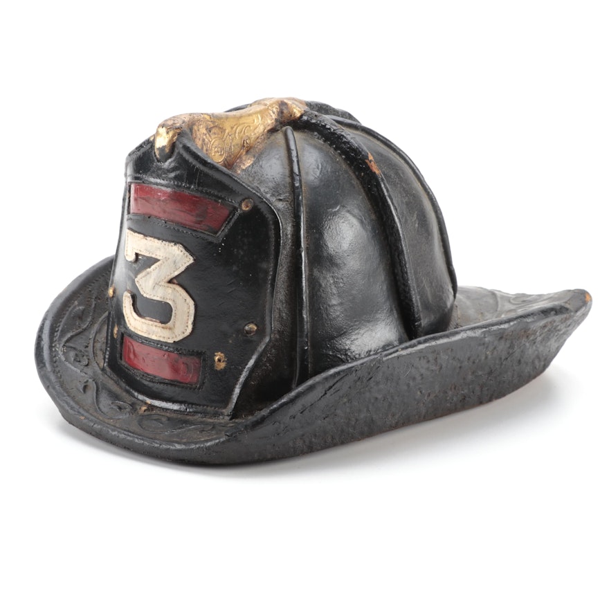 "3 D.F.D." Firefighting Leather Helmet Plaque, Late 19th/Early 20th C.