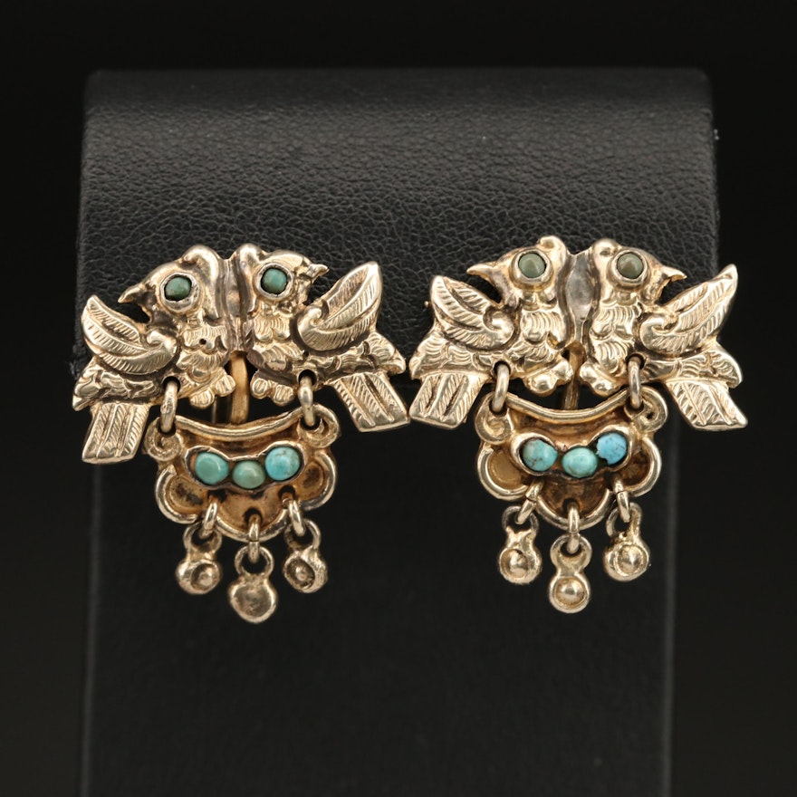 Early Matilde Poulat Mexican Earrings with Dove Motif in Sterling and Turquoise