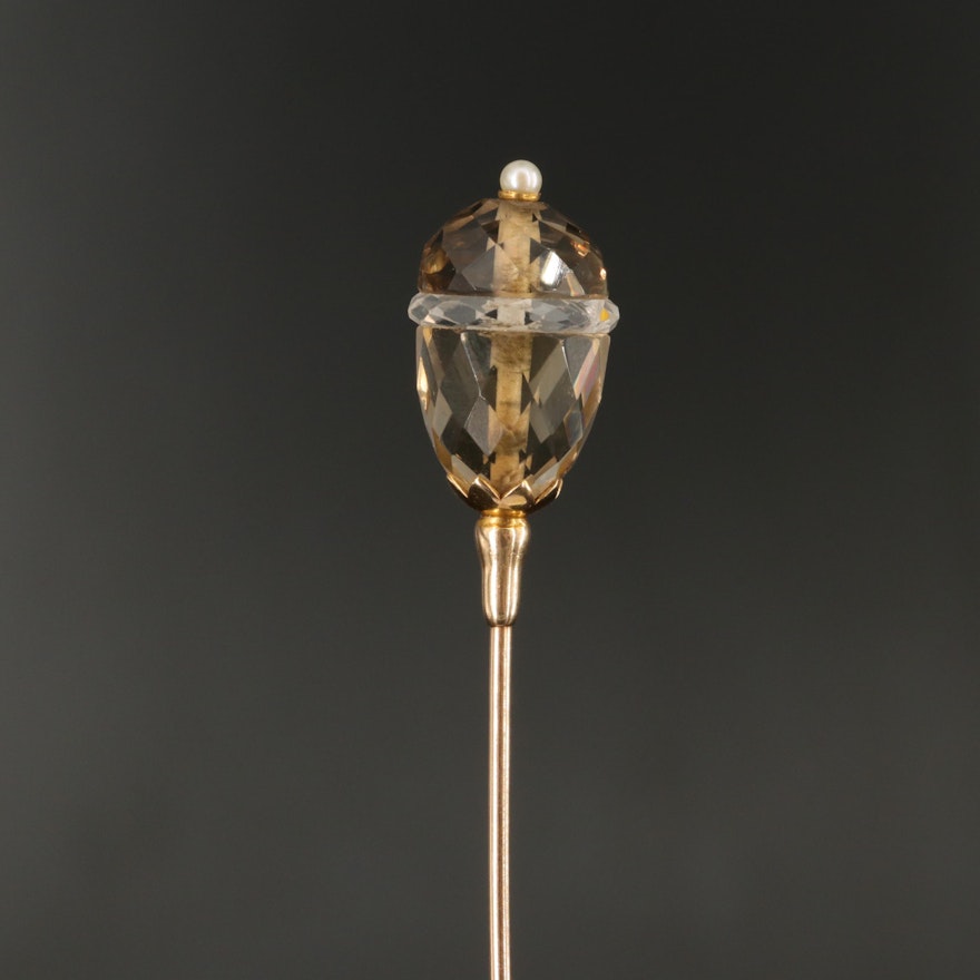 Antique 14K Gold Citrine and Rock Crystal Quartz Hat Pin with Pearl Accent