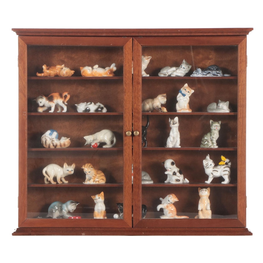 Danbury Mint and Others Ceramic Cat  Figurines in Display Cabinet