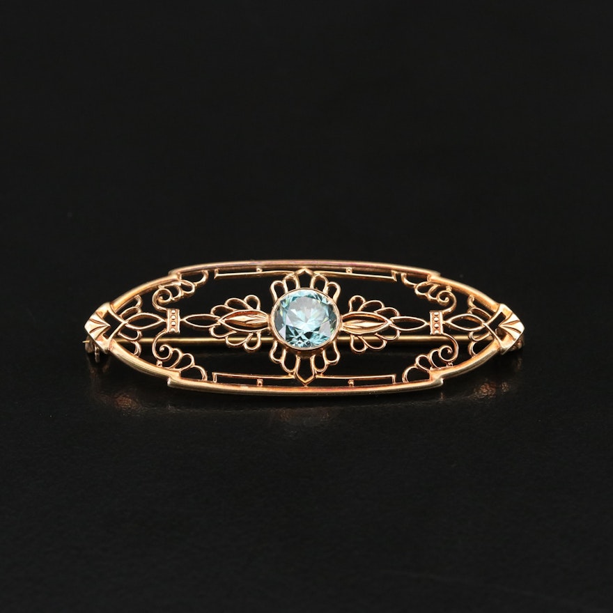 Vintage 10K Gold Zircon Wirework Brooch