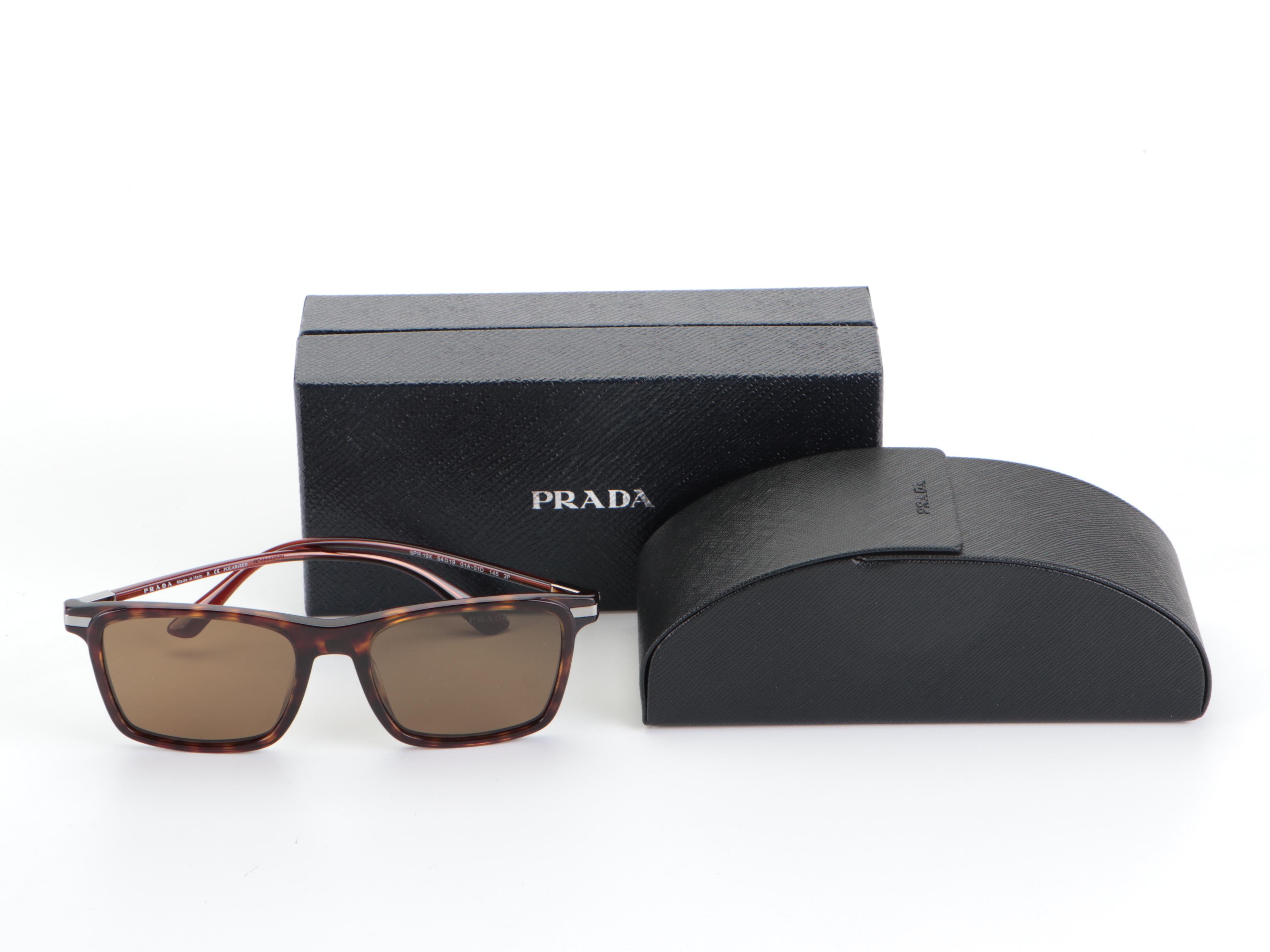 Prada SPR 19X Polarized Square Sunglasses in Tortoise Acetate with Box and Case