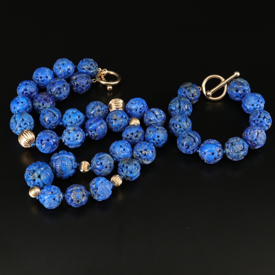 14K Carved Lapis Lazuli Necklace and Bracelet with Chinese Longevity Symbols