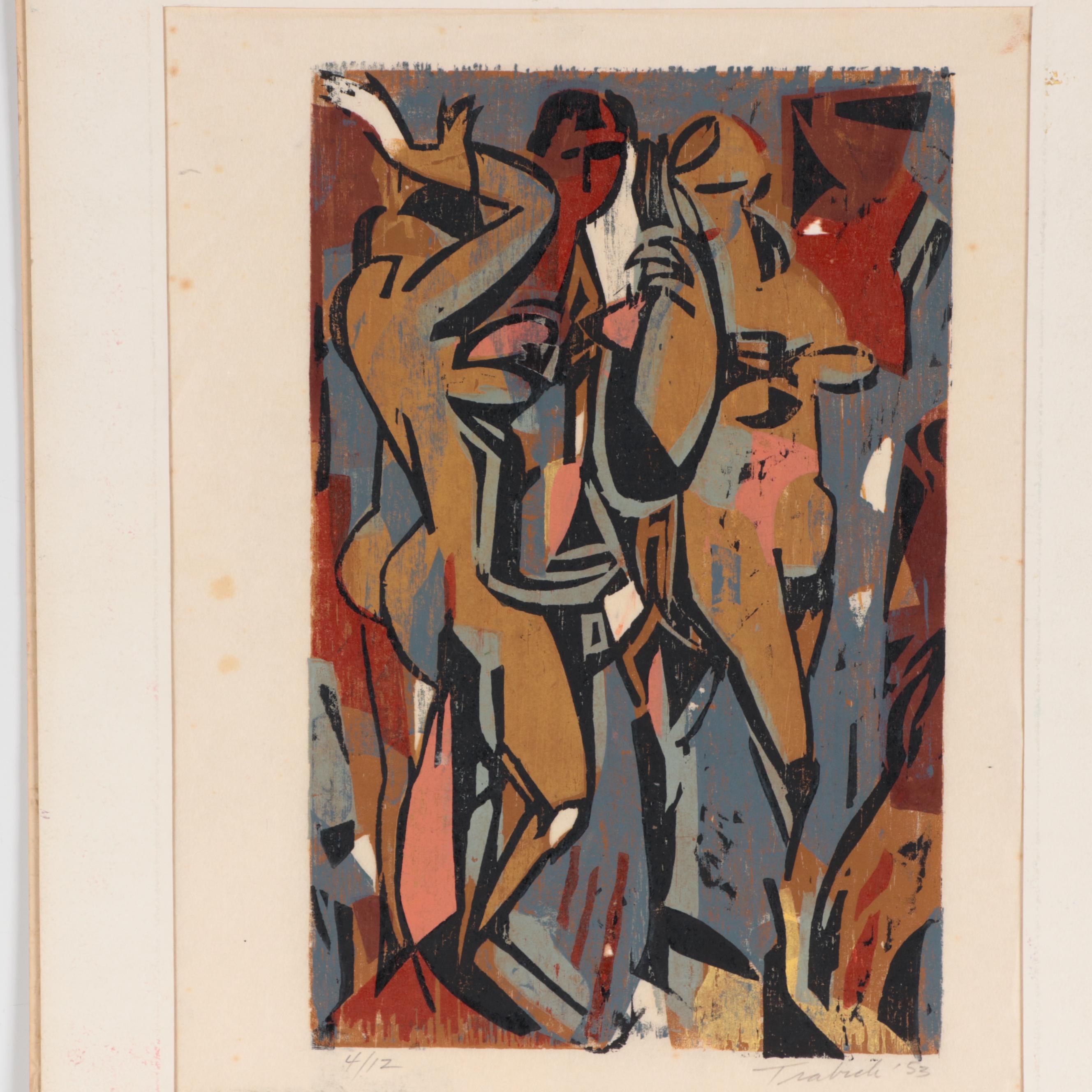 Irving Trabich Woodcut of Abstract Figures, 1953