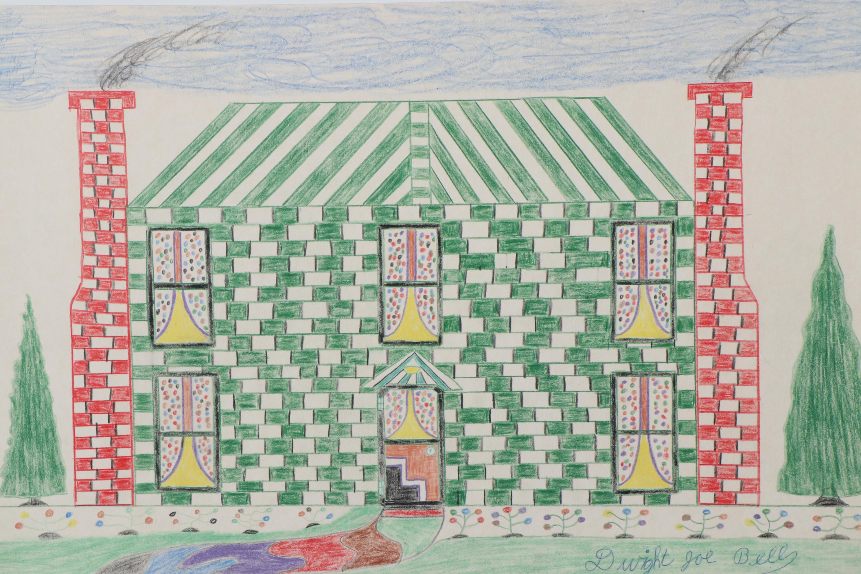 Dwight Joe Bell Outsider Art Crayon Drawing of a House