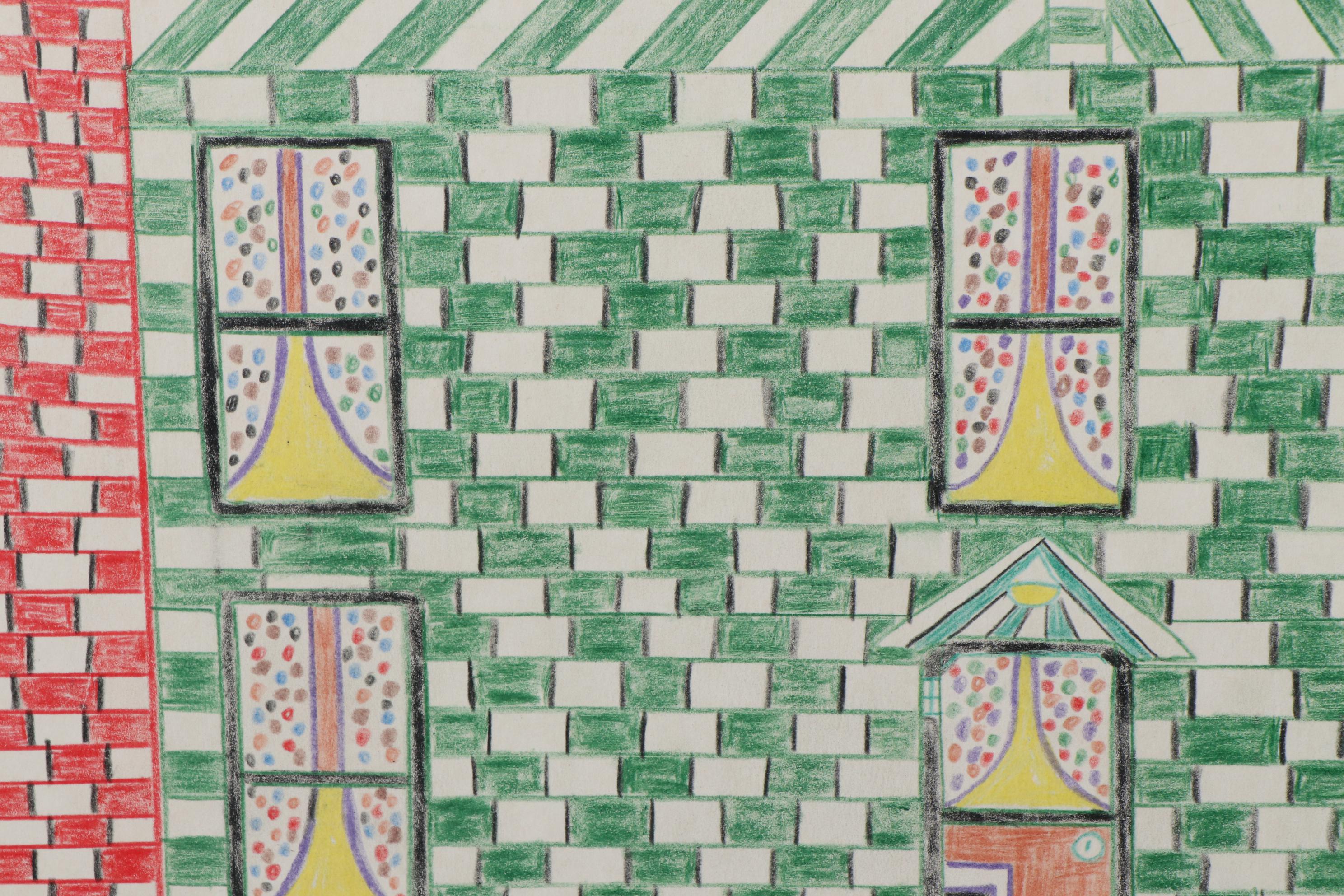 Dwight Joe Bell Outsider Art Crayon Drawing of a House