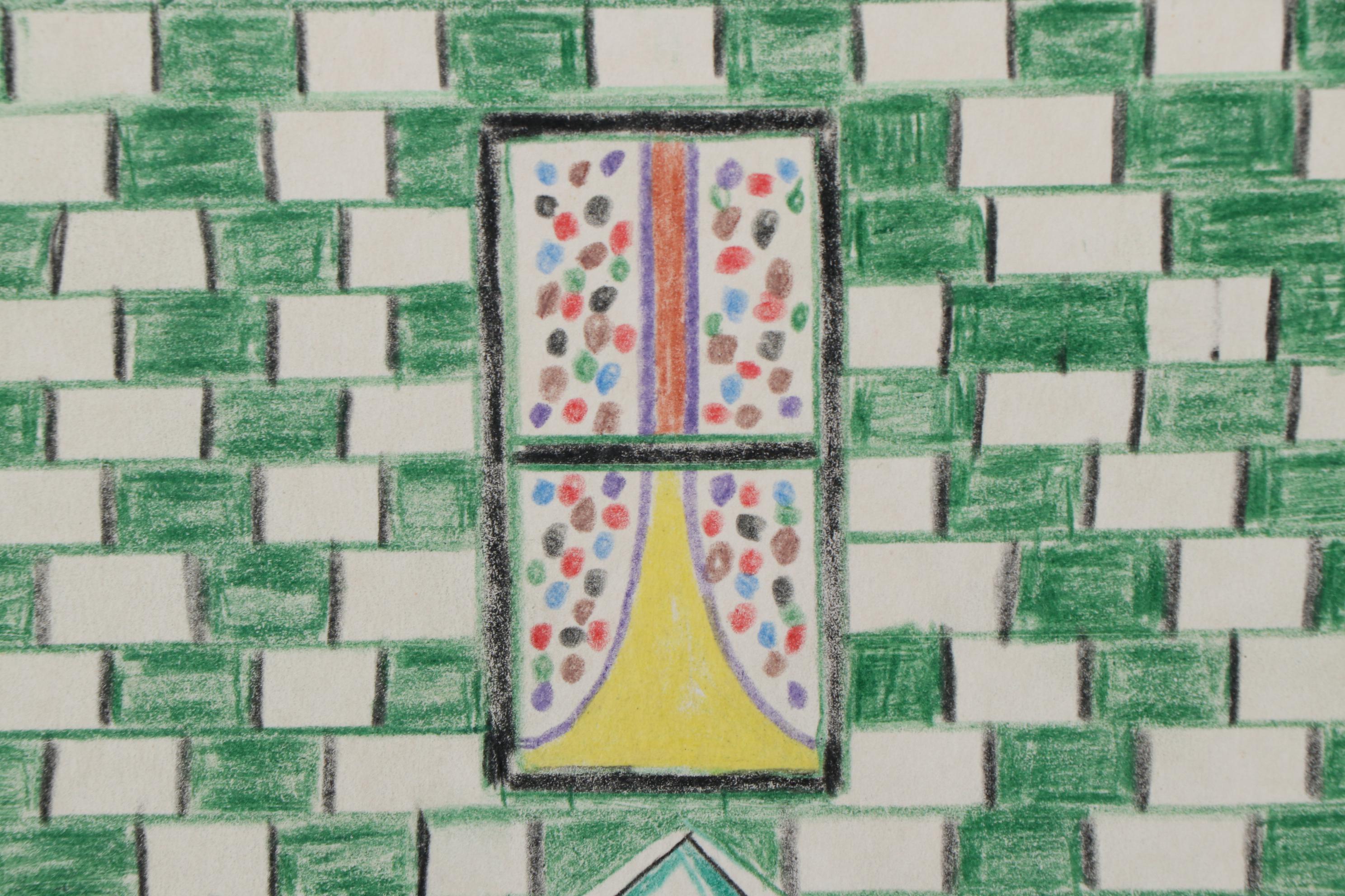 Dwight Joe Bell Outsider Art Crayon Drawing of a House