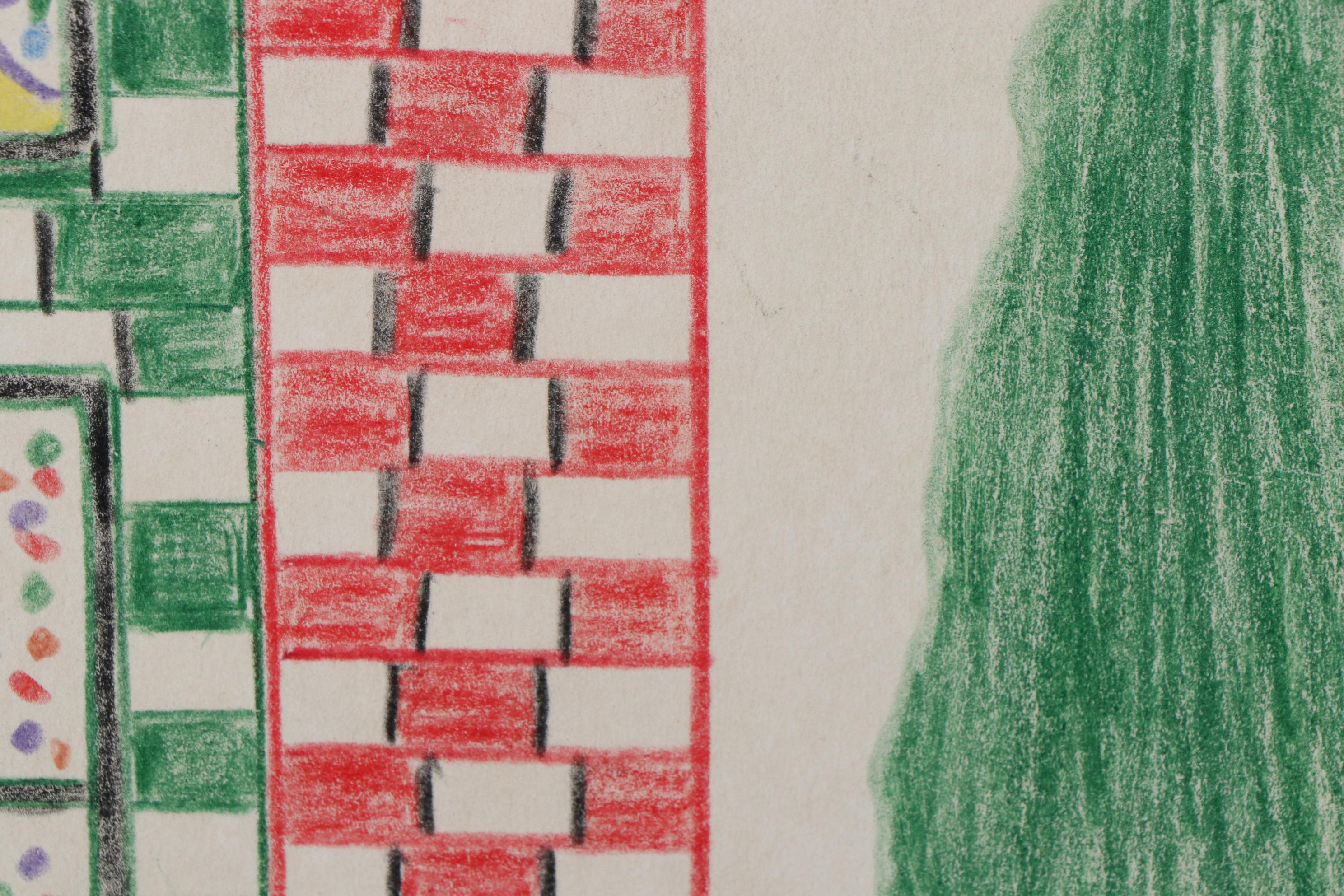 Dwight Joe Bell Outsider Art Crayon Drawing of a House