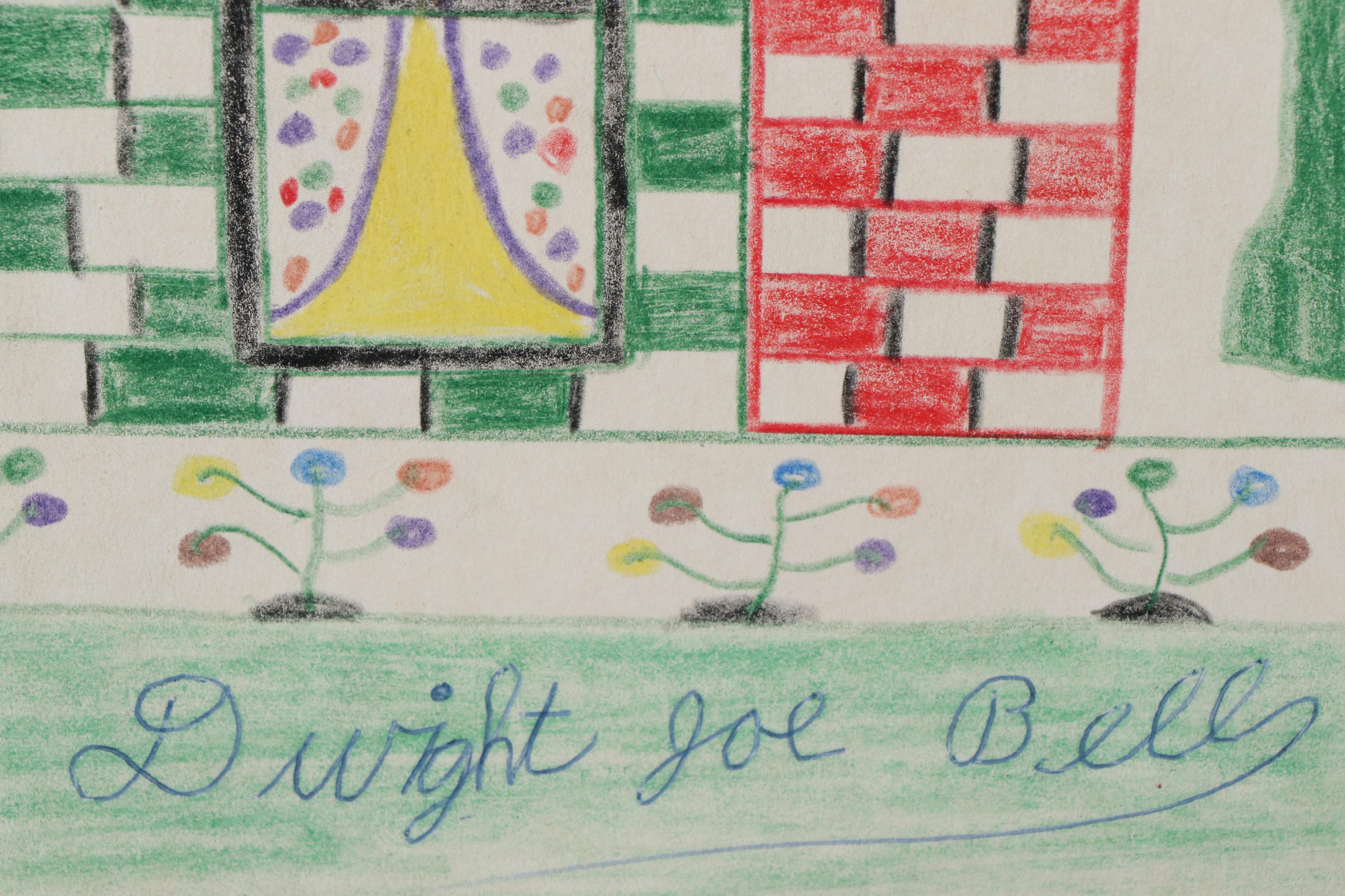 Dwight Joe Bell Outsider Art Crayon Drawing of a House