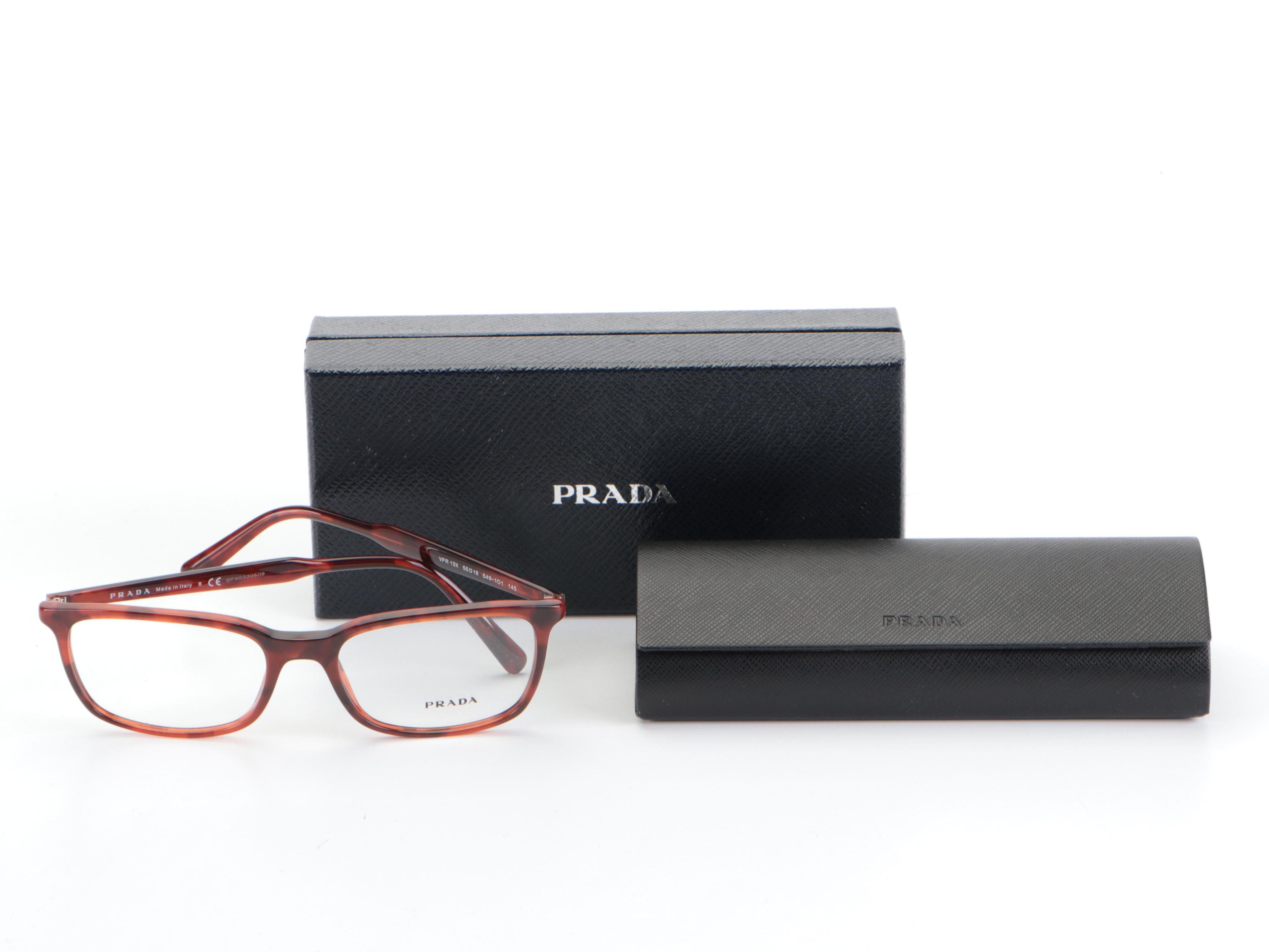 Prada Eyeglasses VPR13X Dark Orange Havana Frame Square Lenses with Box and Case