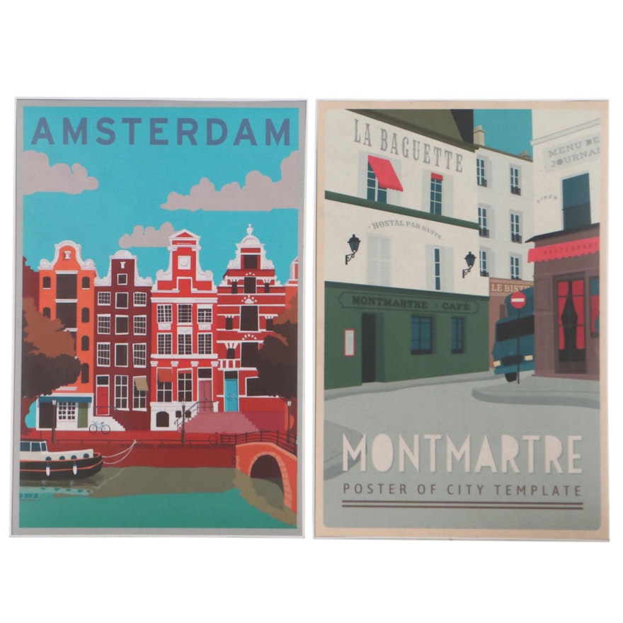 Mid-Century Style Giclées After Travel Posters "Amsterdam" and "Montmartre"
