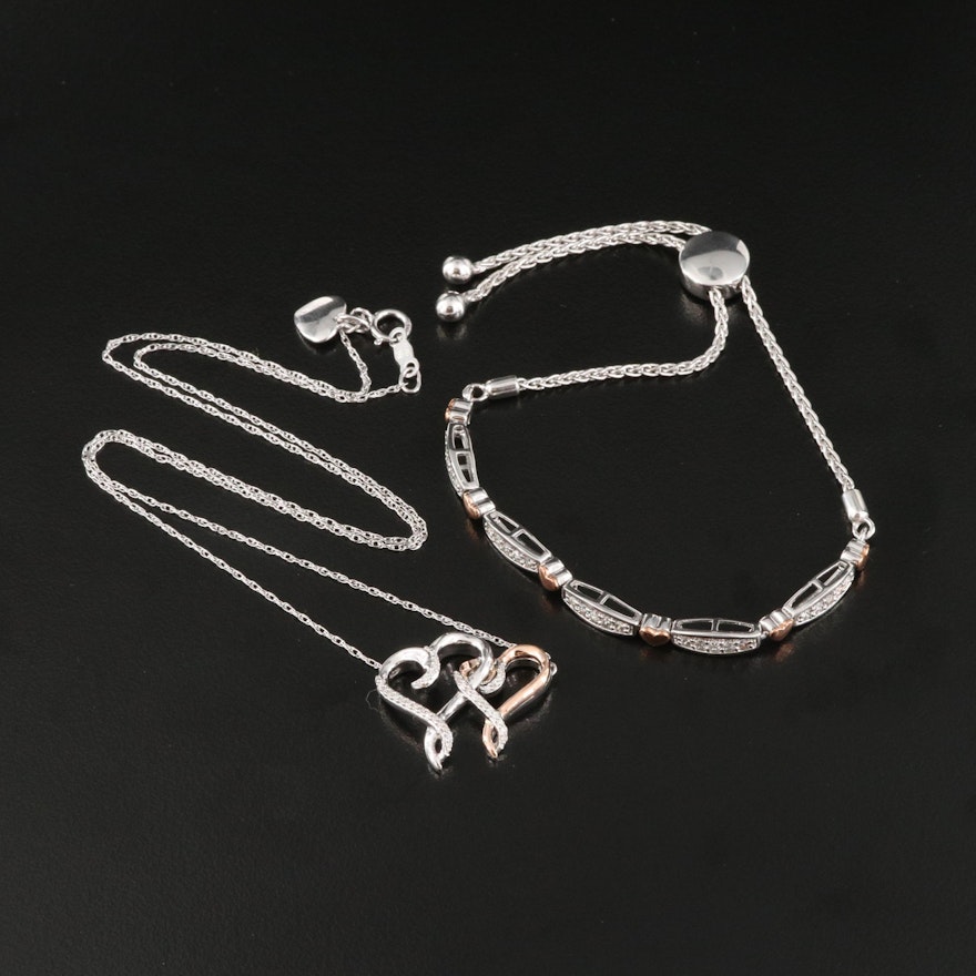Sterling Diamond Bolo Bracelet and Heart Necklace