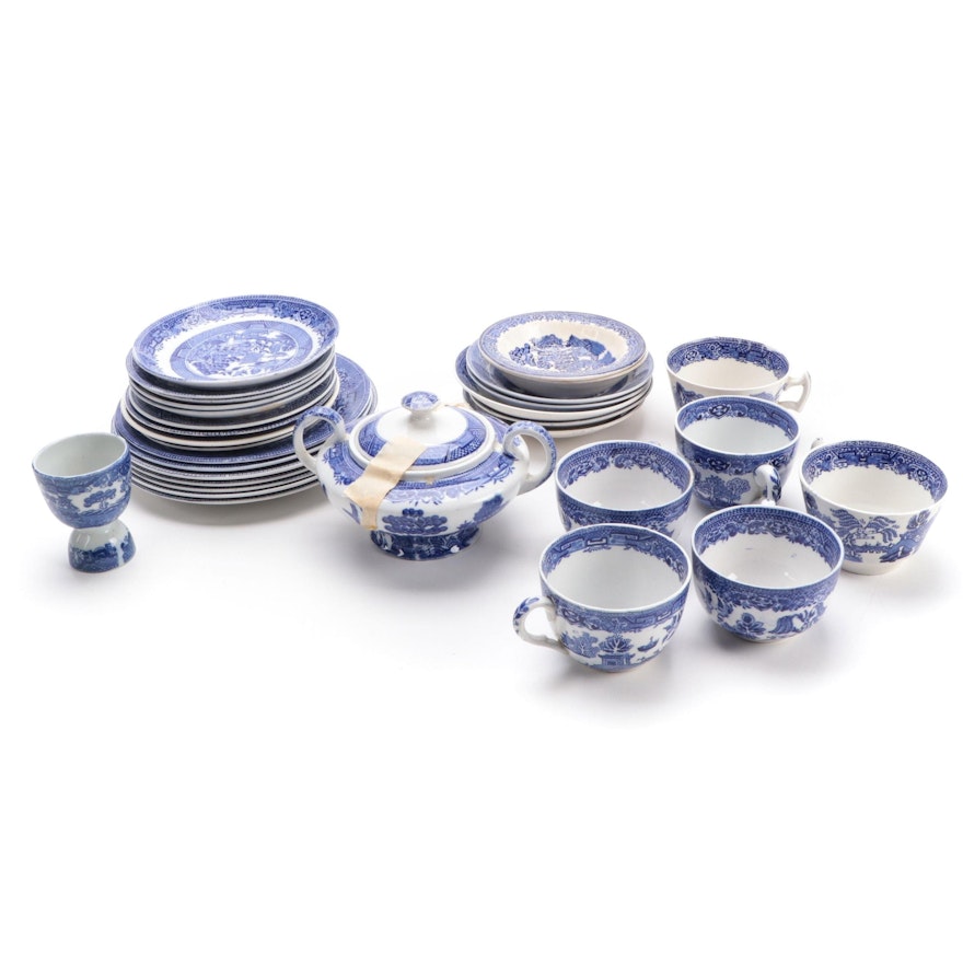 Blue and White Willow Ware Including Homer Laughlin, Globe Pottery Co. and More