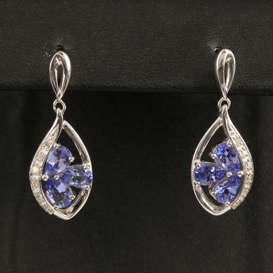 Sterling Silver Tanzanite and Diamond Floral Drop Earrings