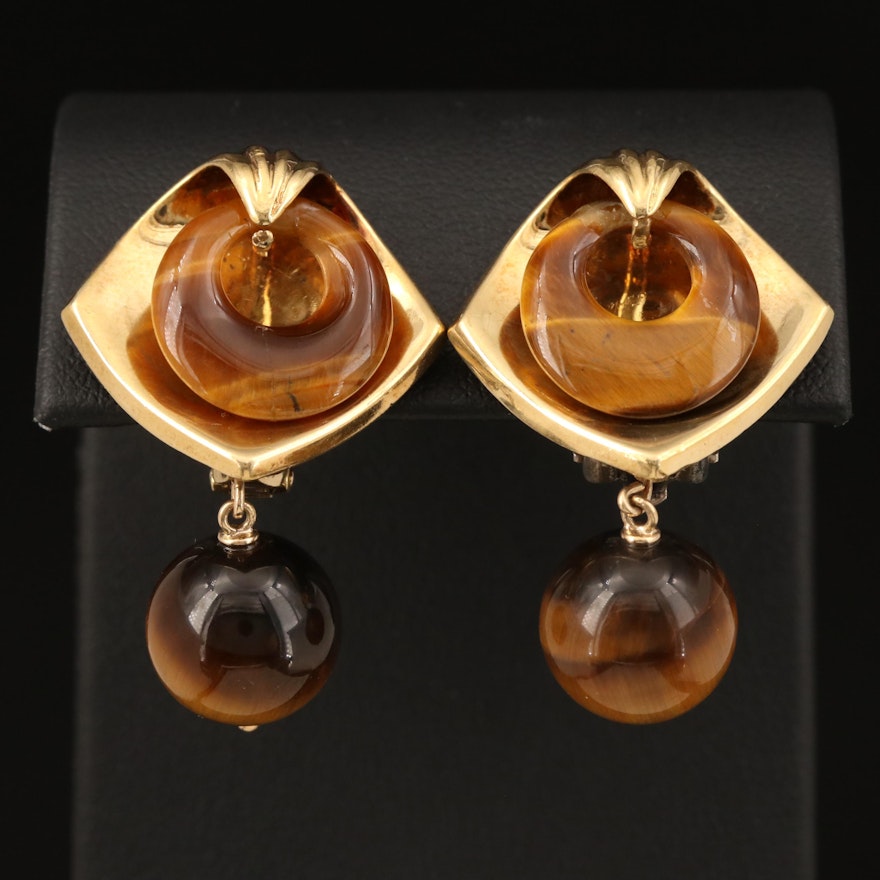 Vintage 18K Tiger's Eye Sphere and Hololith Clip Earrings