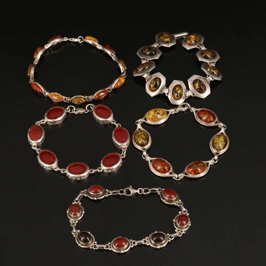 Sterling Silver Gemstone Cabochon Bracelets Including Carnelian and Amber