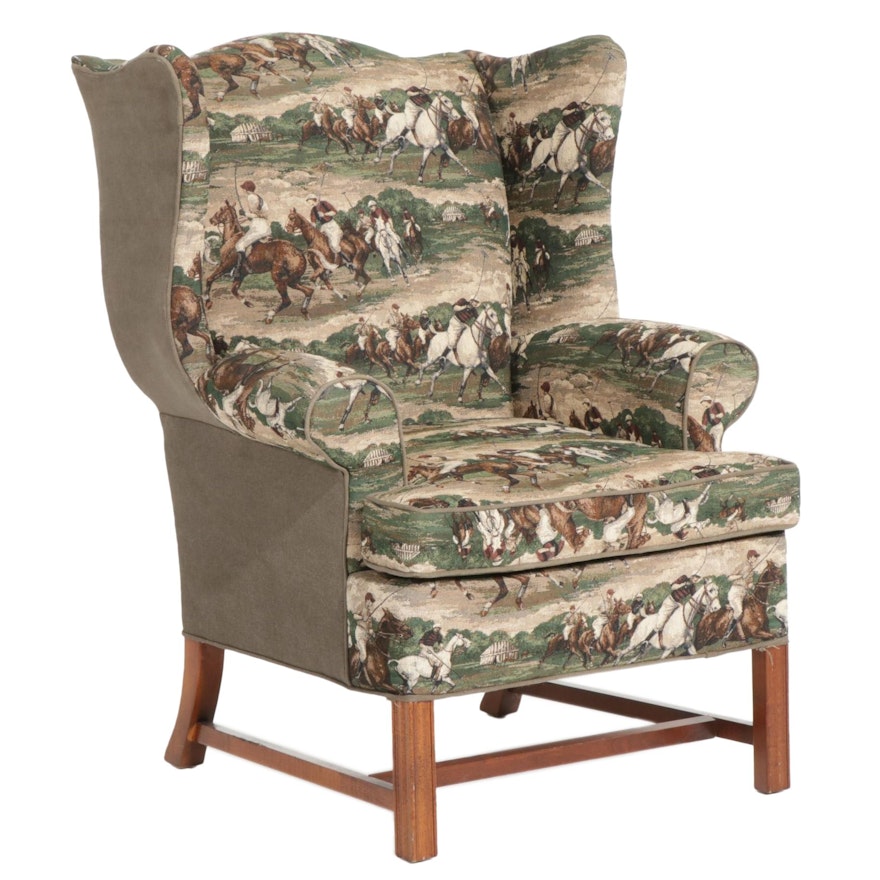 Chippendale Style Wing-Back Armchair with Polo Upholstery, Late 20th Century