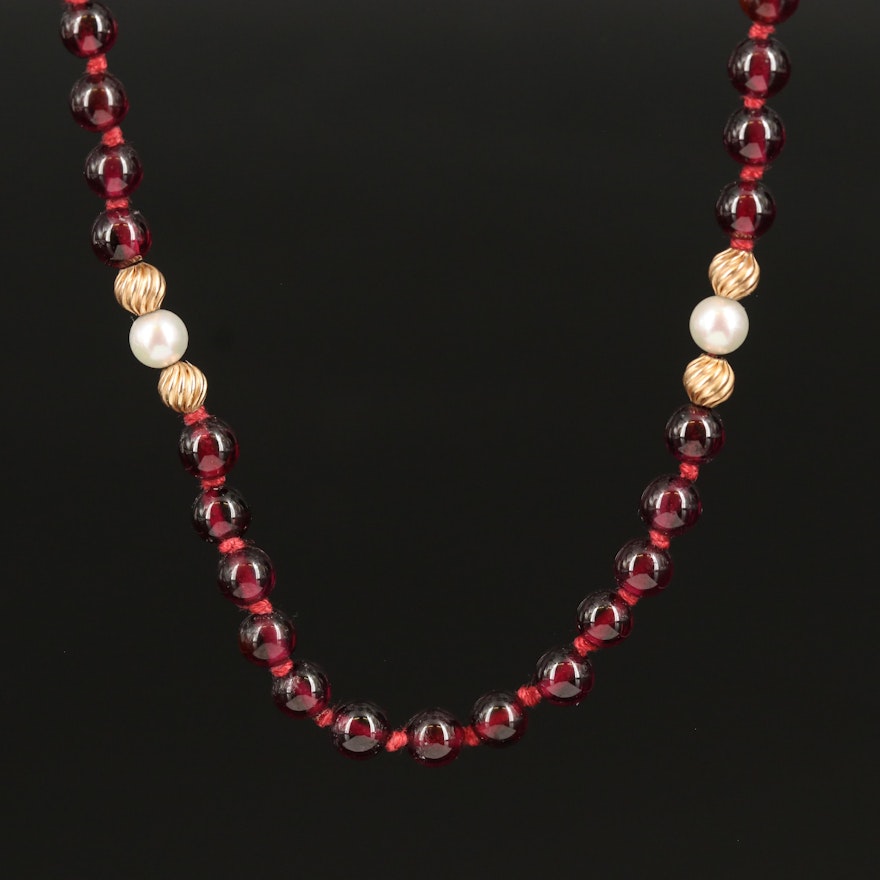 Garnet and Pearl Necklace with 14K Fluted Beads and Clasp