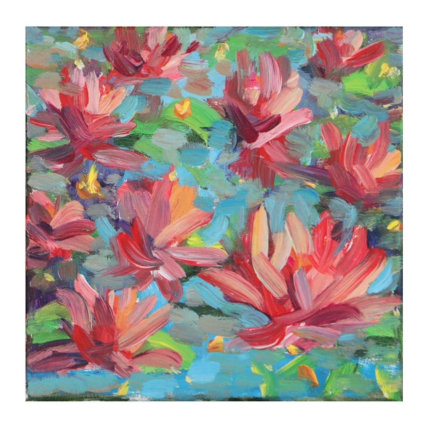 Amelia Colne Acrylic Painting of Water Lilies, 21st Century