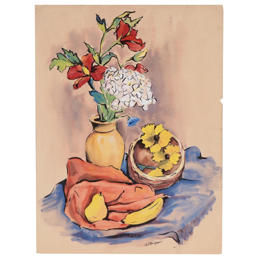 Pat Brigham Still Life Ink and Gouache Painting of Fruits and Flowers