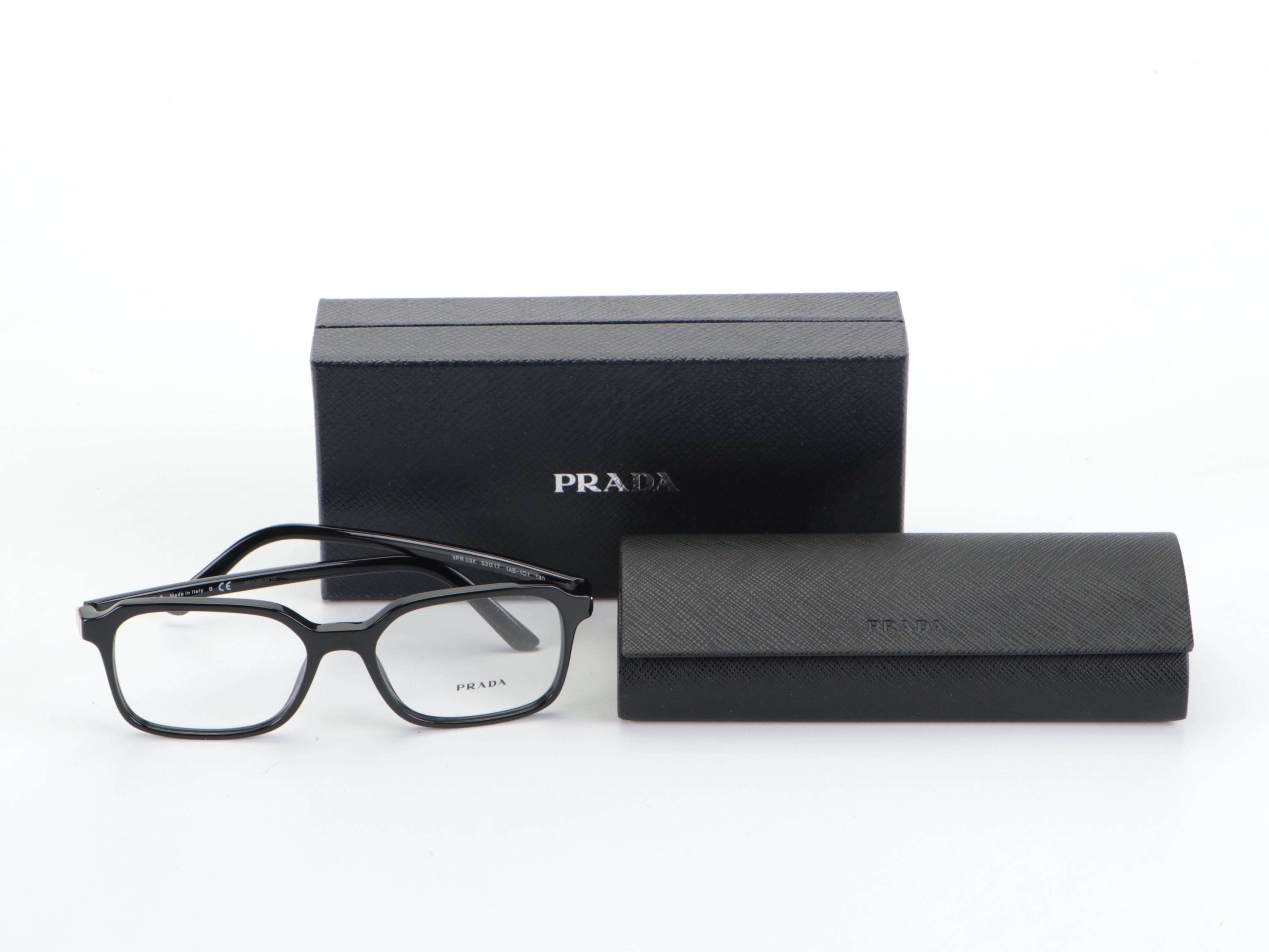 Prada VPR03X Black Frame Browline Square Lens Eyeglasses with Box and Case