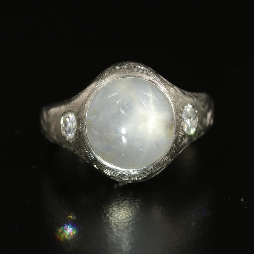 1950s 14K 9.00 CT Star Sapphire and Diamond Ring with Florentine Finish