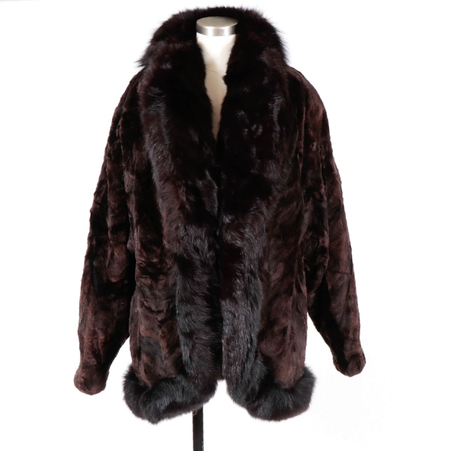 Sheared Nutria Fur Coat with Tapered Cuffs and Fox Fur Trim