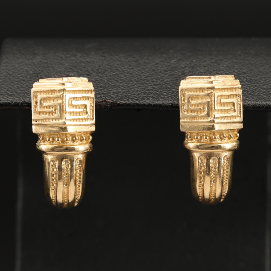 14K Greek Key Column J Hoop Earrings