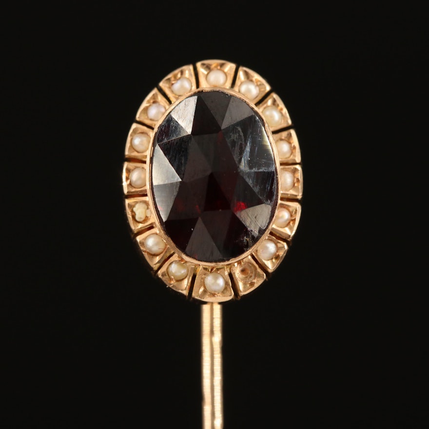 Antique 14K Garnet and Pearl Stick Pin