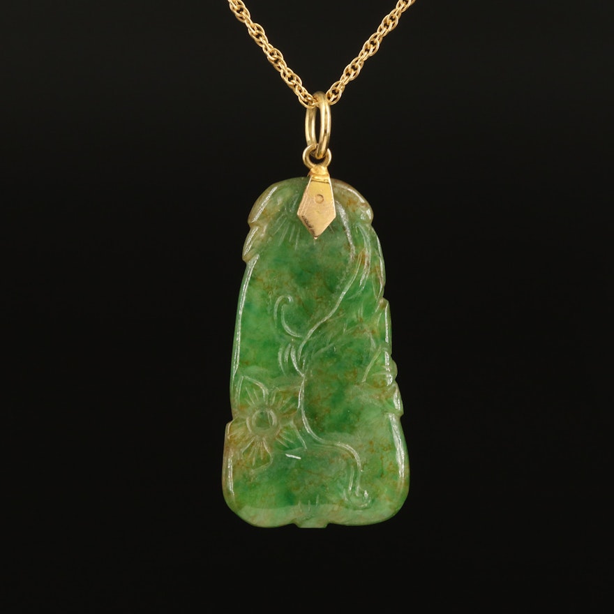 18K Carved Jadeite Floral Pendant on 14K Singapore Chain Necklace