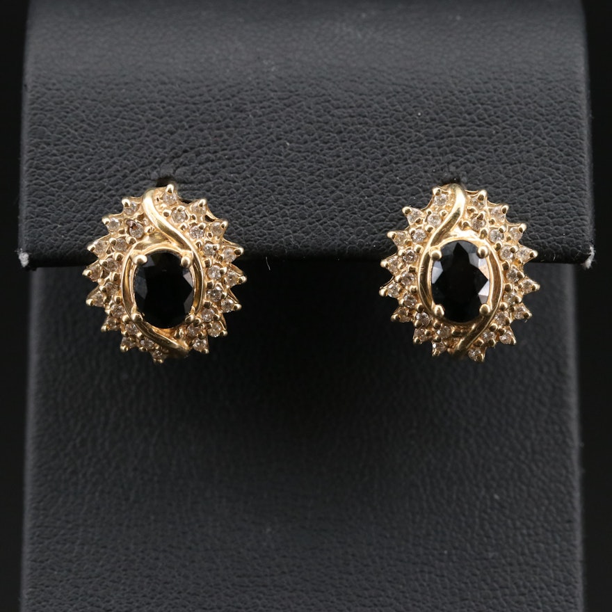 14K Gold Sapphire Earrings with Diamond Halos