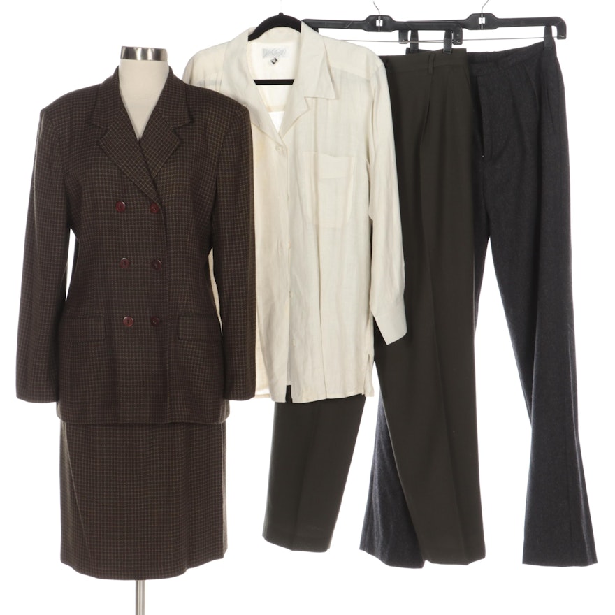 Liz Claiborne Plaid Skirt Suit, Pleated Pants, and Lord & Taylor Linen Blouse