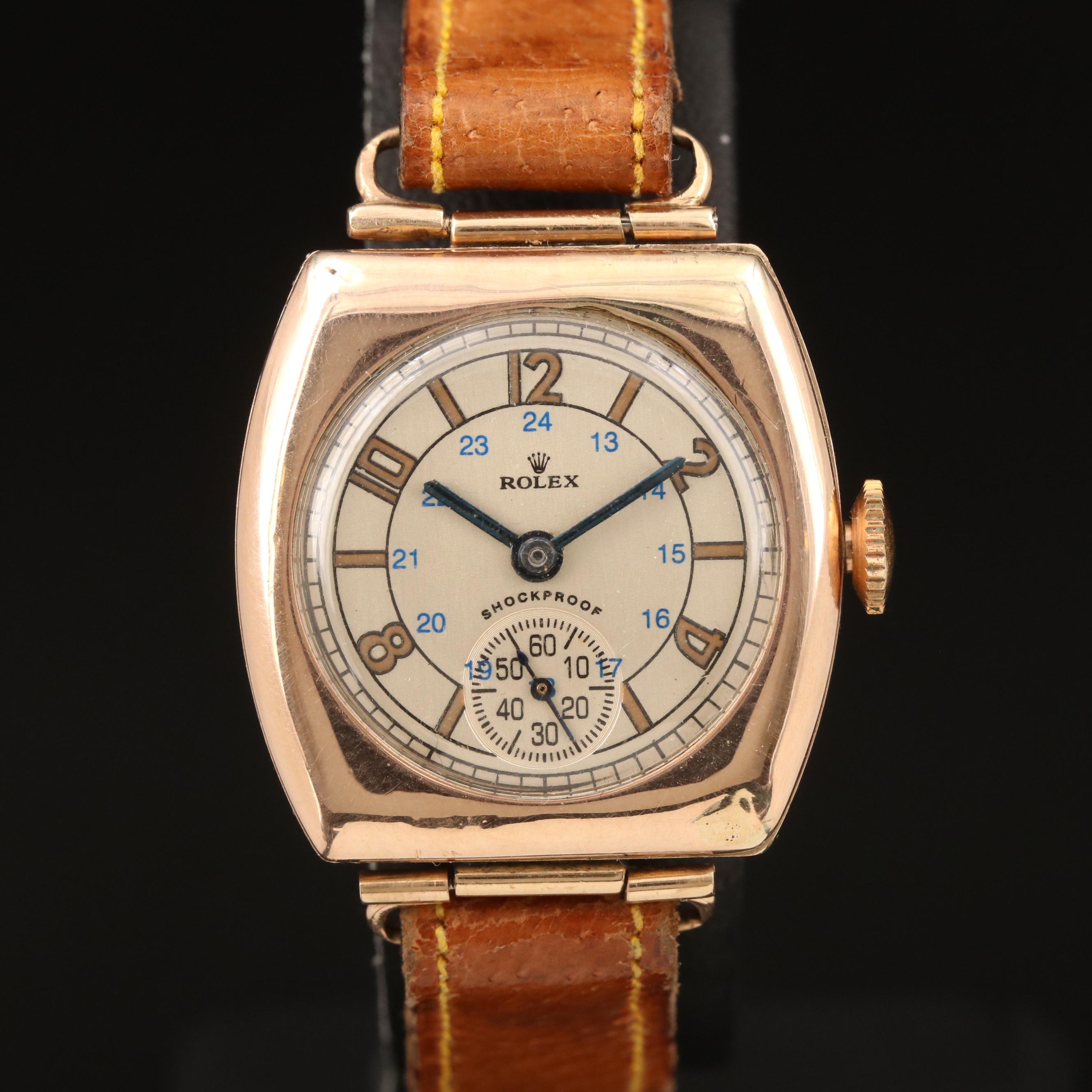 Rolex 9K Rose Gold Stem Wind Cushion Shaped Watch