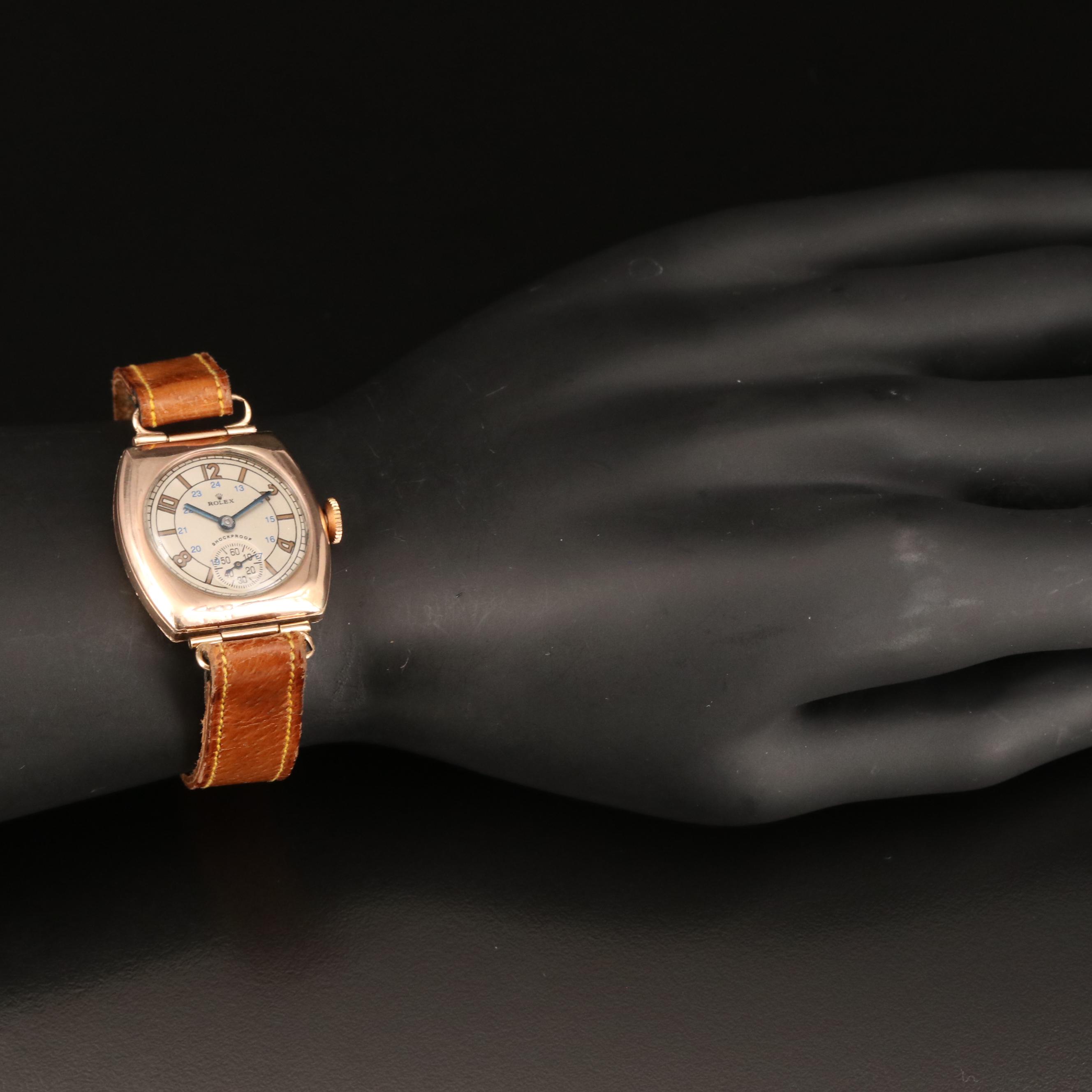 Rolex 9K Rose Gold Stem Wind Cushion Shaped Watch