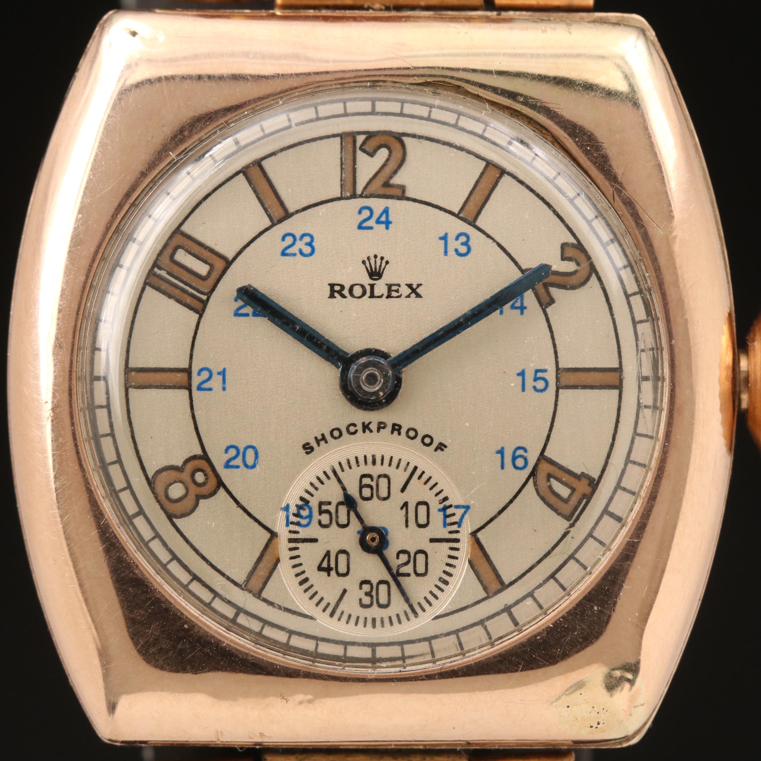 Rolex 9K Rose Gold Stem Wind Cushion Shaped Watch