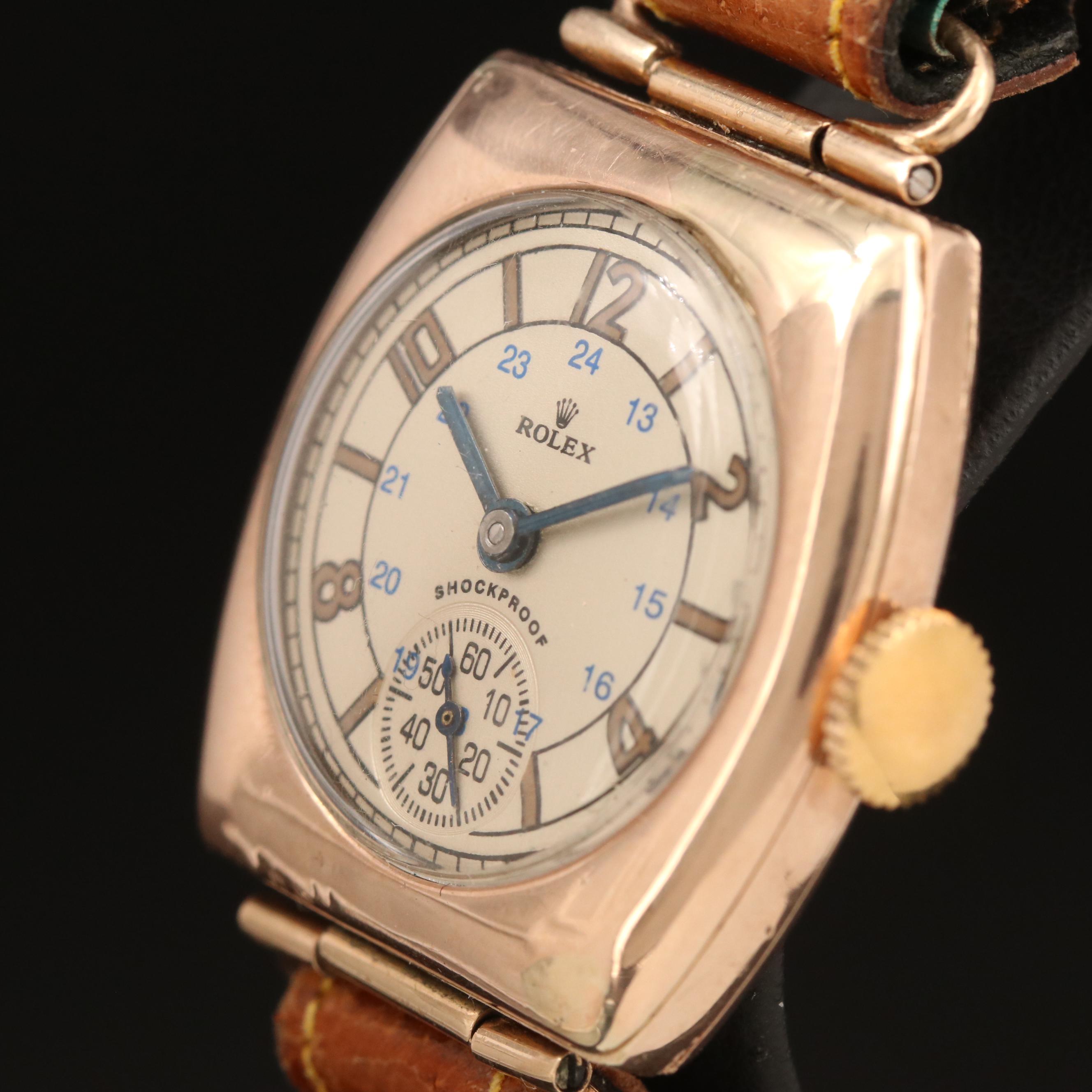 Rolex 9K Rose Gold Stem Wind Cushion Shaped Watch