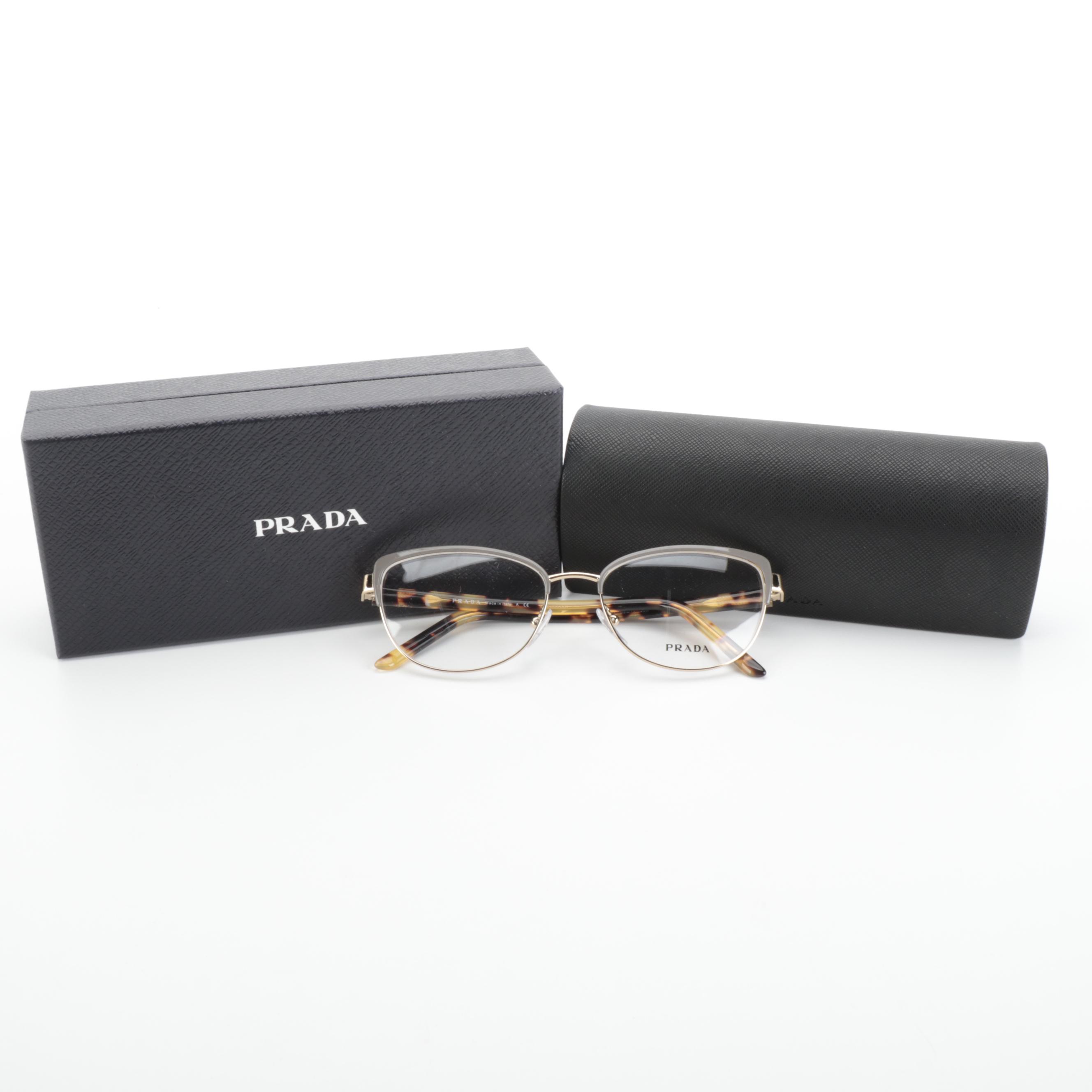Prada VPR63X Modified Cat Eye Lt. Grey-Gold-Havana Eyeglasses with Box and Case