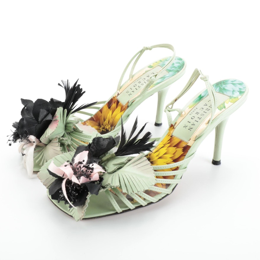 Christian Lacroix Floral and Feather Foliate Leather Strappy Sandals