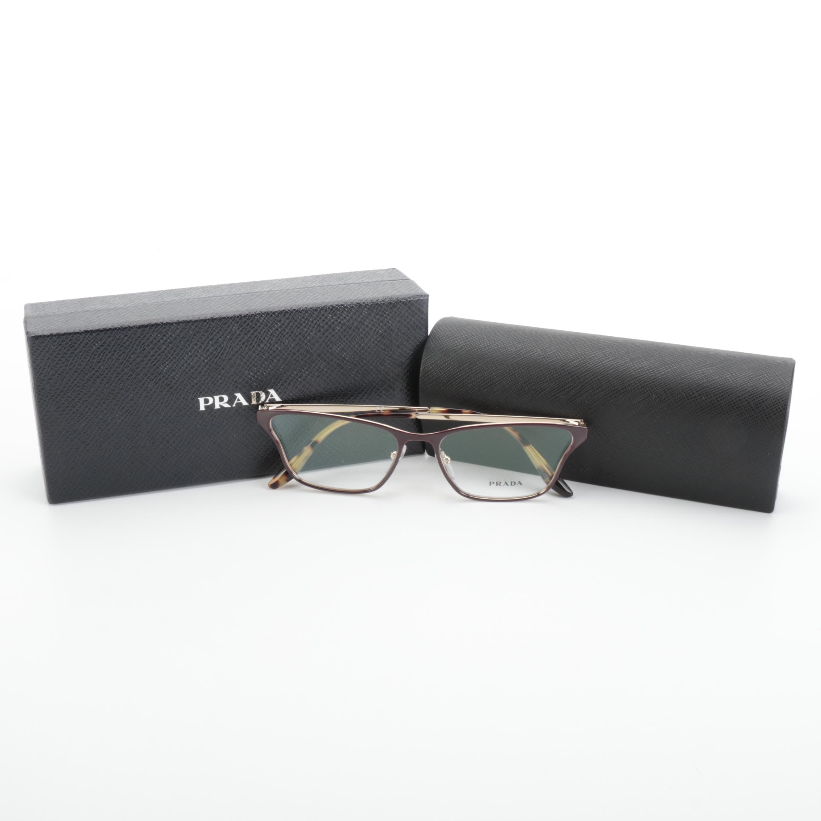 Prada VPR60X Rectangular Cat Eye Red-Gold-Havana Eyeglasses with Box and Case