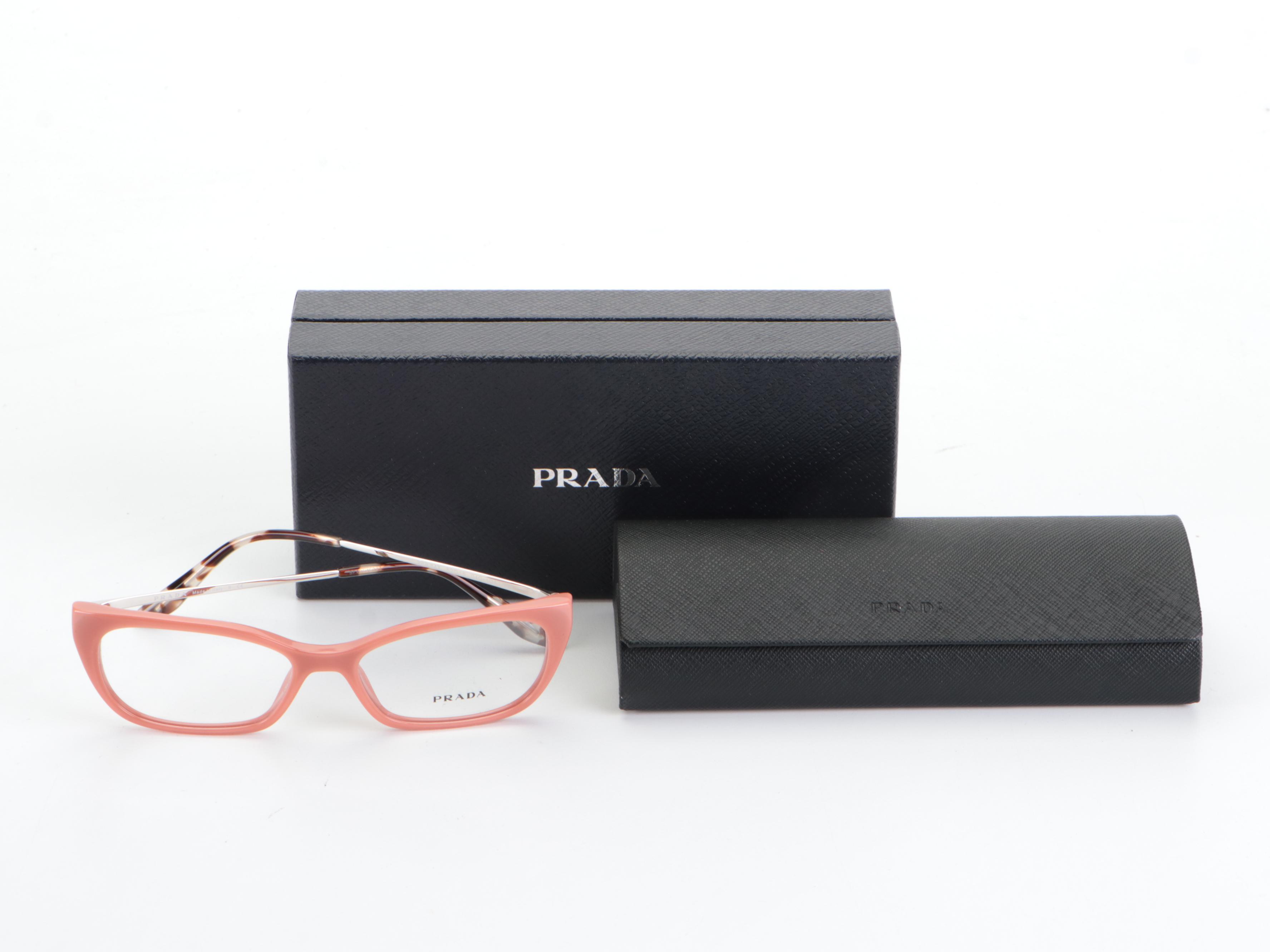 Prada VPR14X Square Cat Eye Pink-Silver-Havana Frame Eyeglasses with Box & Case