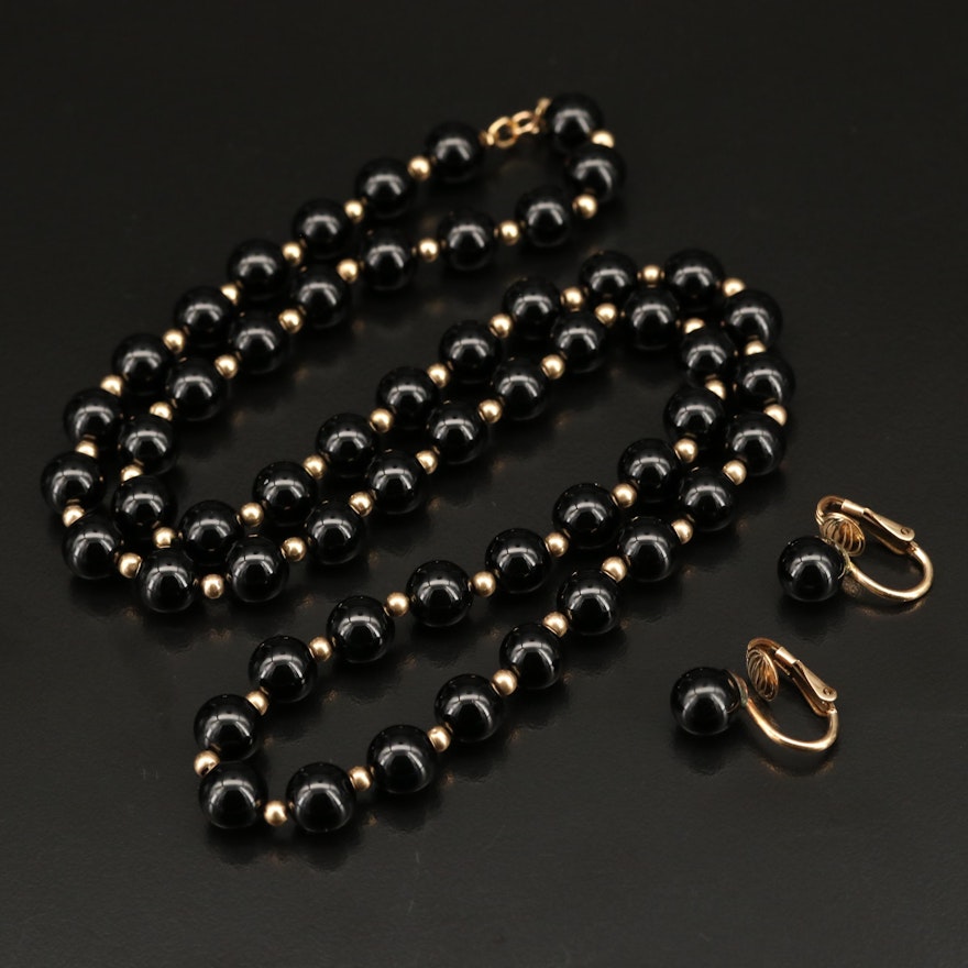 14K Gold Black Onyx Beaded Necklace with Gold-Filled Earrings