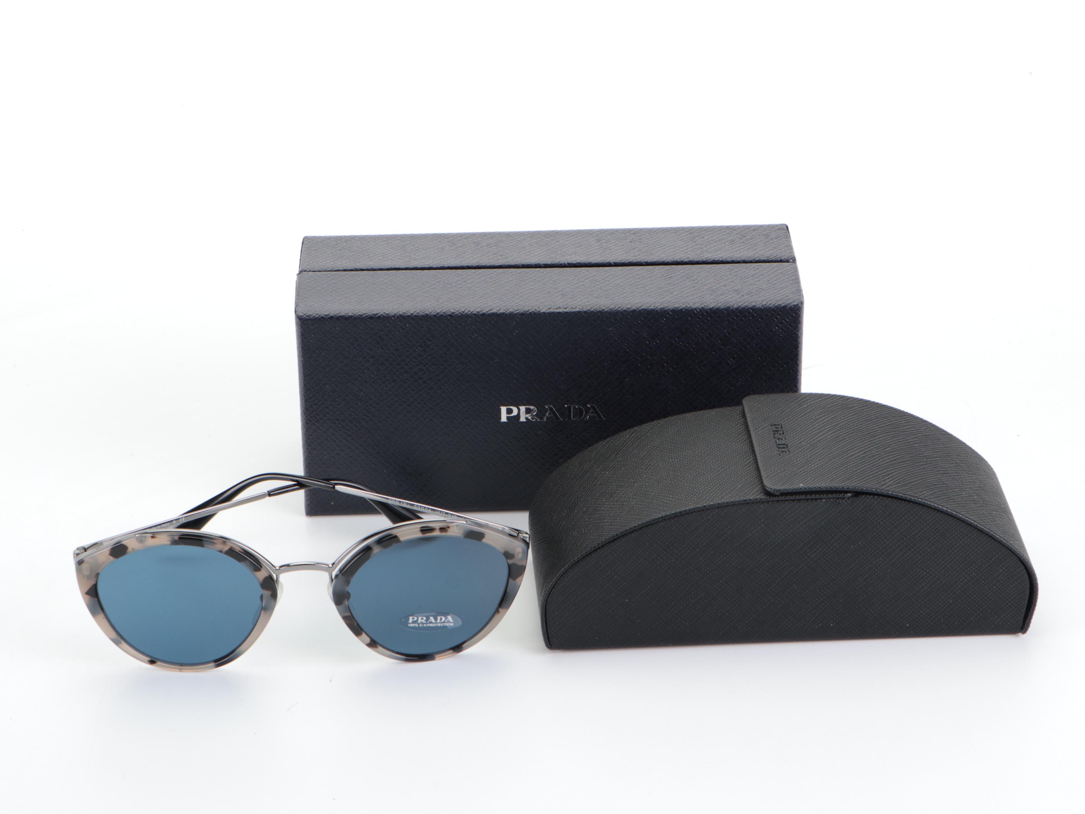 Prada SPR18U Grey Havana-Metal Frame Blue Oval Lens Sunglasses with Box and Case