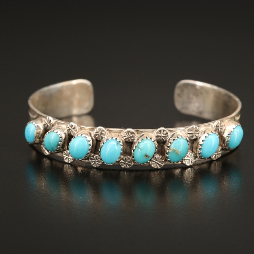 Zuni Signed Sterling Silver Stampwork and Petit Point Turquoise Cuff