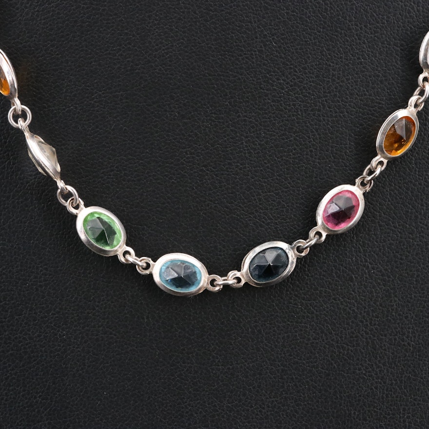 Sterling Silver Bezel Set Faceted Multicolored Glass Necklace
